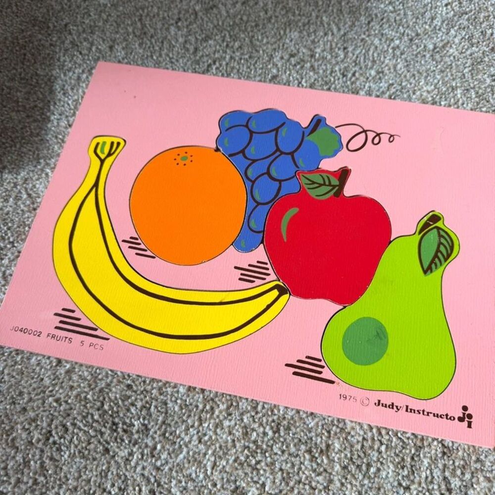 Vintage 1975 Judy Instructo Fruit Wooden Puzzle Pink 5 Piece Complete